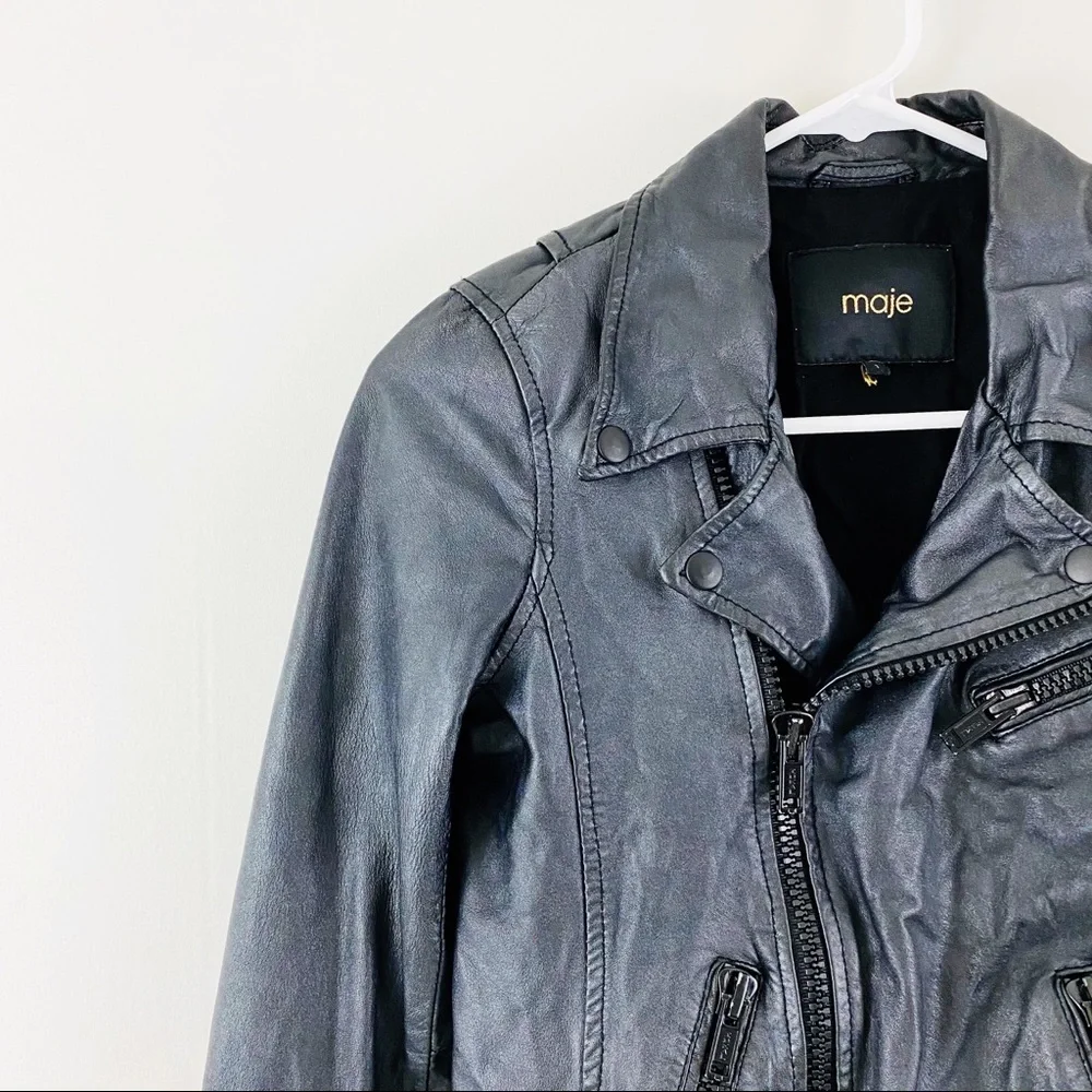 Maje Graphite Leather Blouson Zipper Moto Jacket - Picture 4 of 10